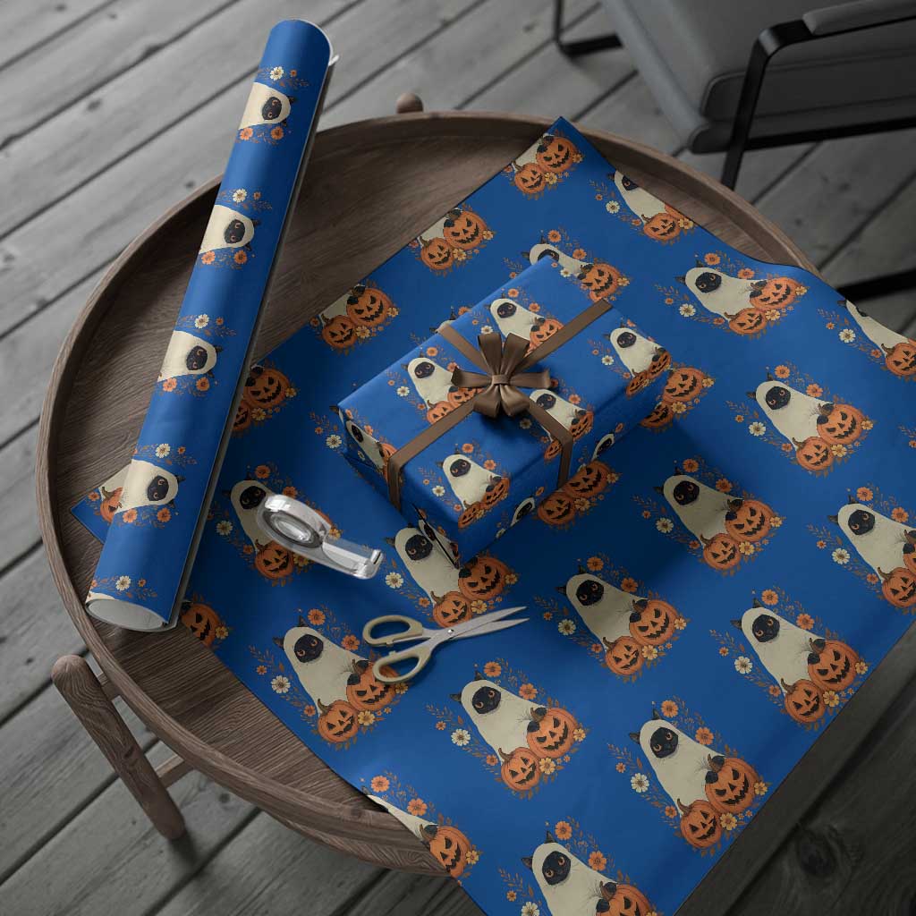 Vintage Halloween Ghost Cat Wrapping Paper Roll Groovy Floral Cute Black Cat Ghost Fall Pumpkin TS10 Blue Print Your Wear