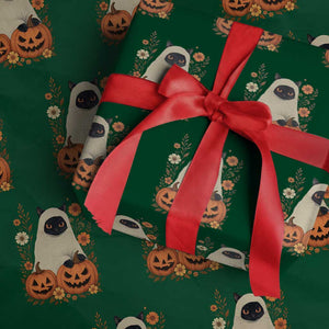Vintage Halloween Ghost Cat Wrapping Paper Roll Groovy Floral Cute Black Cat Ghost Fall Pumpkin TS10 Green Print Your Wear