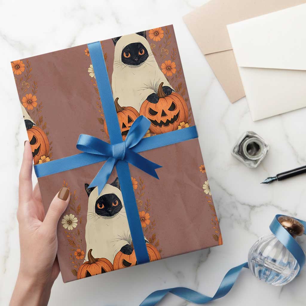 Vintage Halloween Ghost Cat Wrapping Paper Roll Groovy Floral Cute Black Cat Ghost Fall Pumpkin TS10 Mocha Print Your Wear