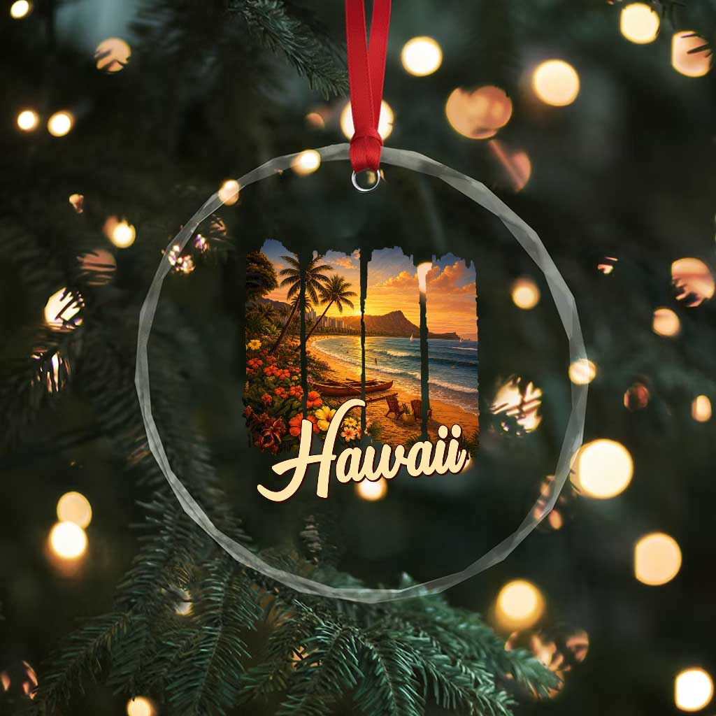 Vintage Hawaii Beach Travel Crystal Glass Ornament Sunset Ocean Landscape