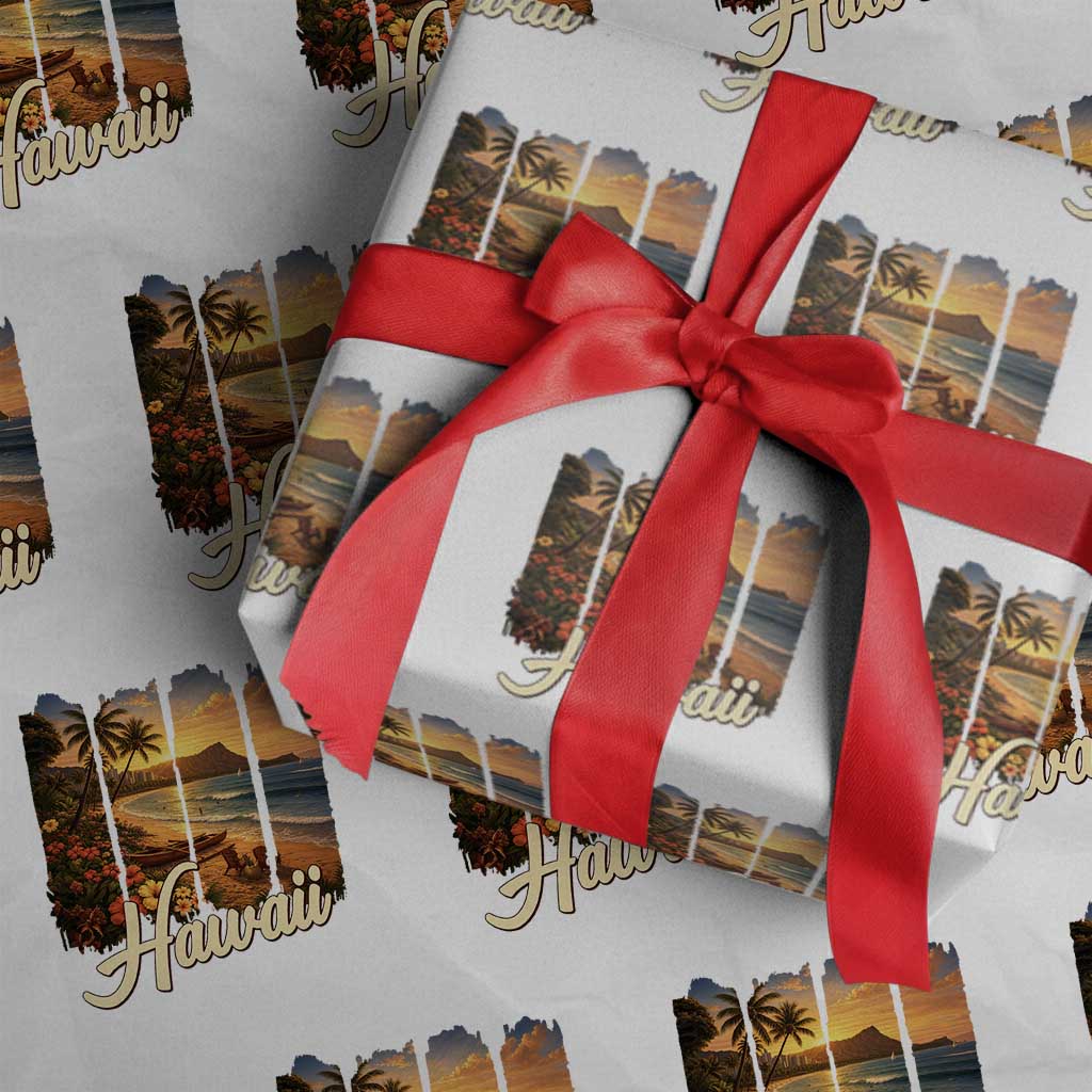 Vintage Hawaii Beach Travel Wrapping Paper Roll Sunset Ocean Landscape TS12 White Print Your Wear