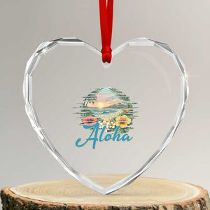 Vintage Hawaii Hibiscus Floral Heart Crystal Glass Ornament Tropical Beach Vacation Graphic