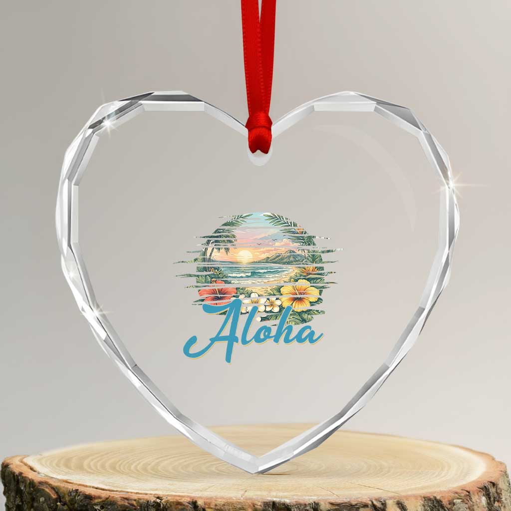Vintage Hawaii Hibiscus Floral Heart Crystal Glass Ornament Tropical Beach Vacation Graphic TS12 Transparent Glass 3'' Heart Print Your Wear