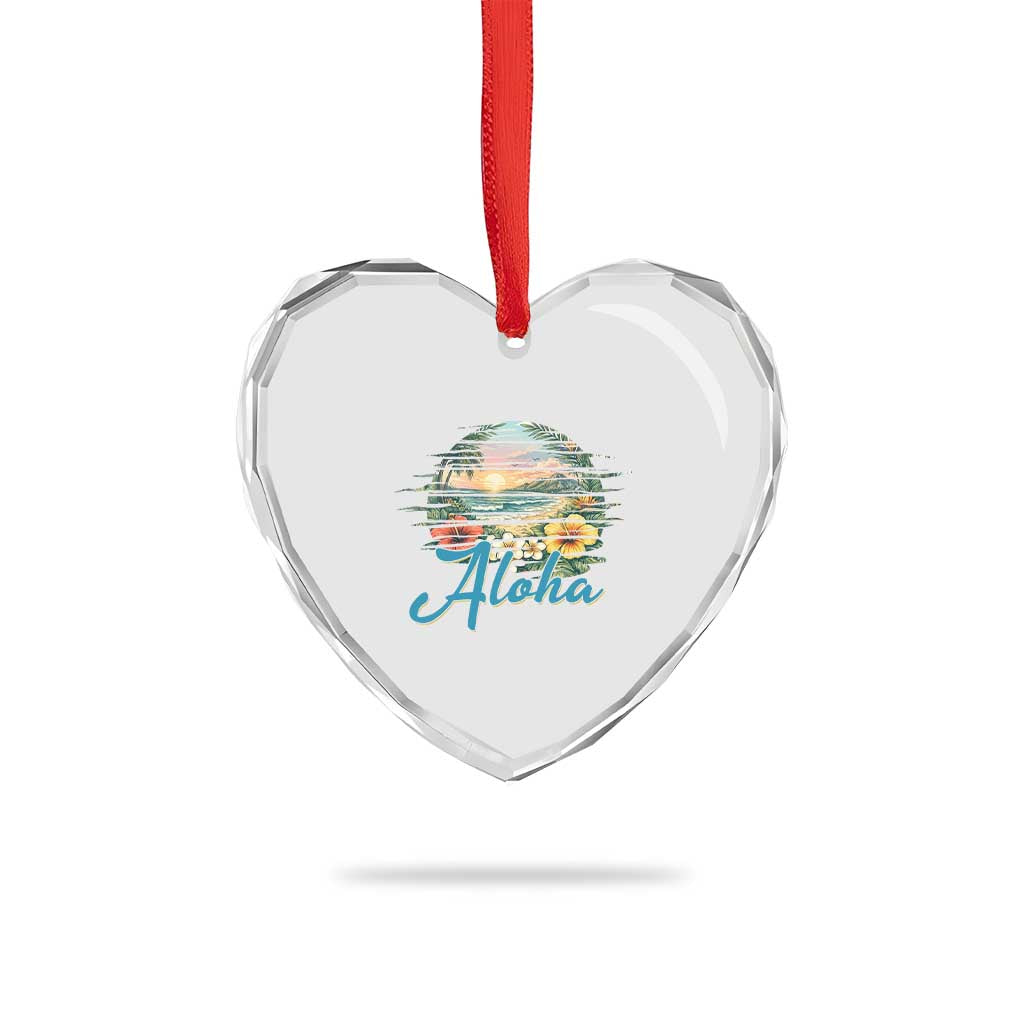 Vintage Hawaii Hibiscus Floral Heart Crystal Glass Ornament Tropical Beach Vacation Graphic