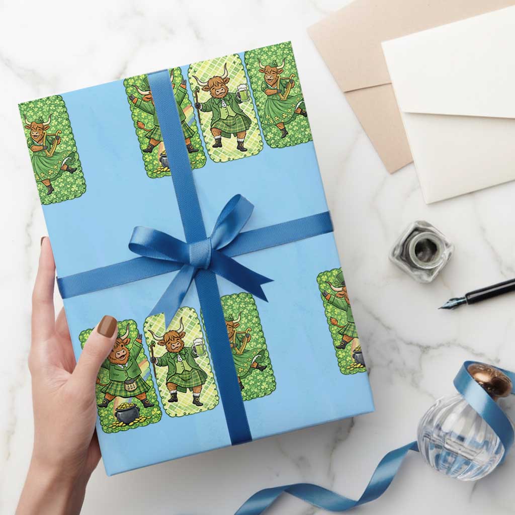 Vintage Highland Cow St Patricks Day Wrapping Paper Roll Farm Lover Gift TS12 Light Blue Print Your Wear