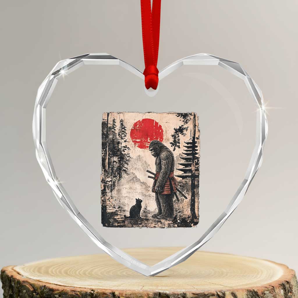 Vintage Japanese Art Bigfoot Samurai Warrior and Black Cat Heart Crystal Glass Ornament Sasquatch Lovers Vintage Graphic Ukiyo-e Art TS10 Transparent Glass 3'' Heart Print Your Wear