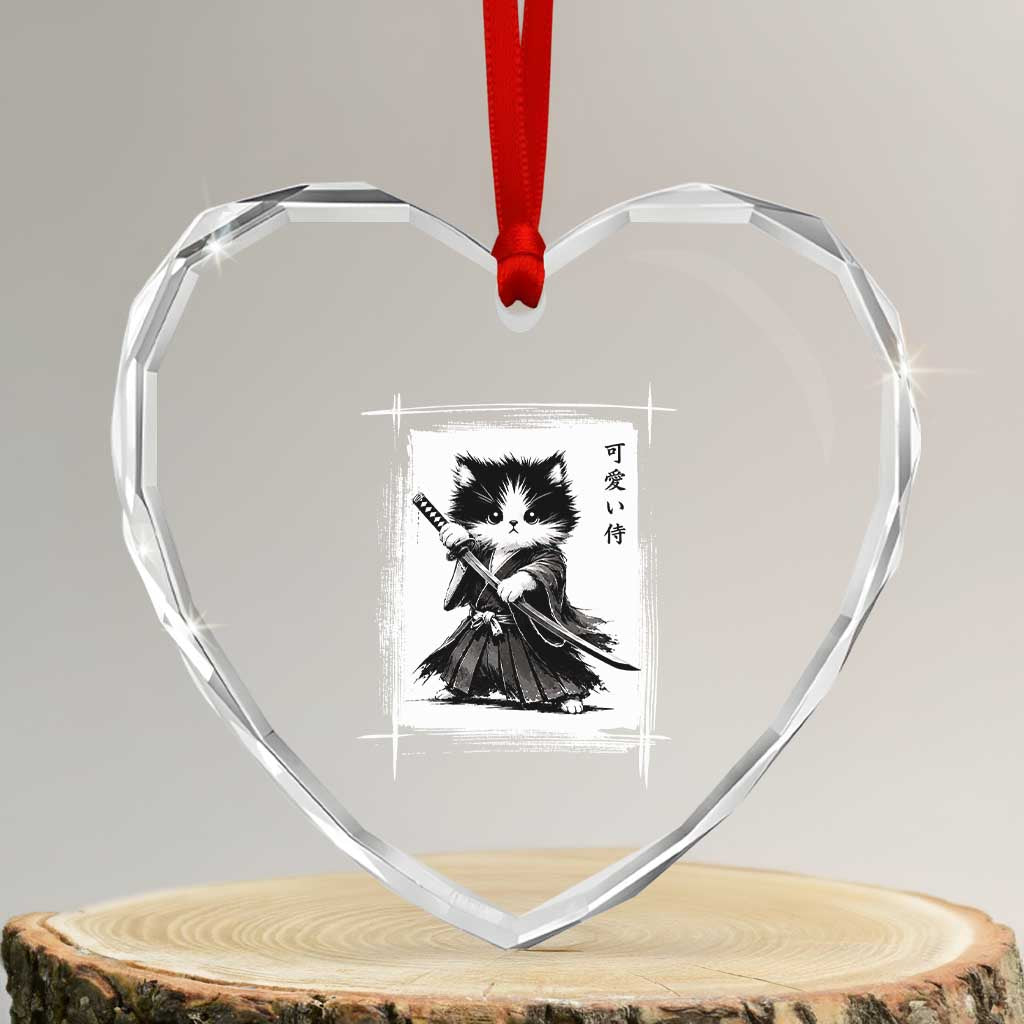 Vintage Japanese Art Samurai Cat Heart Crystal Glass Ornament Sumie Kawaii Cat Lover Gift TS12 Transparent Glass 3'' Heart Print Your Wear