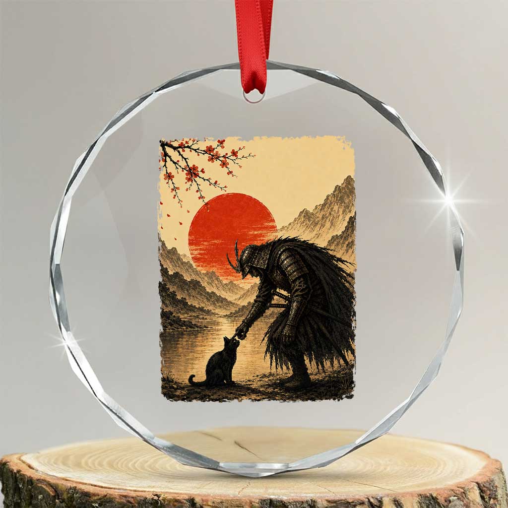 Vintage Japanese Art Samurai Warrior Black Cat Crystal Glass Ornament Ukiyoe Style Boop Meme TS12 Transparent Glass 3'' Circle Print Your Wear