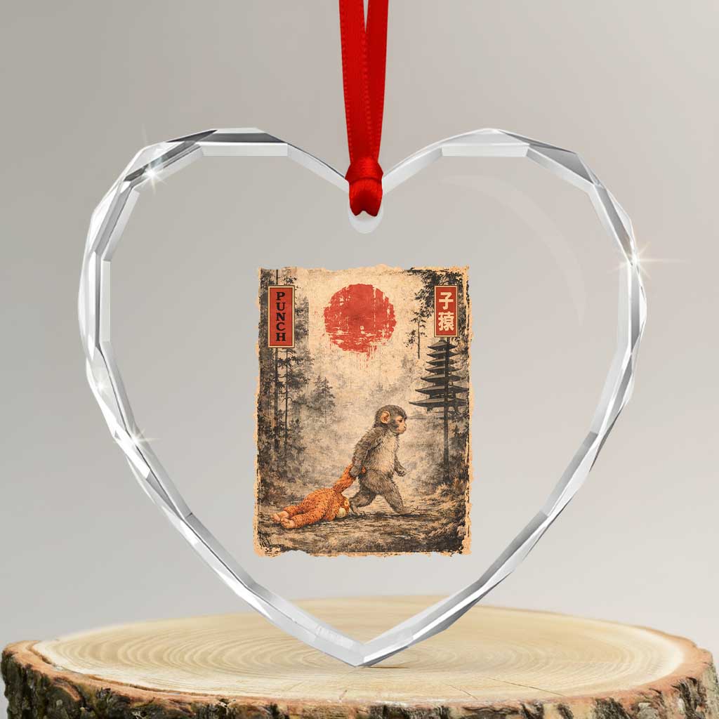Vintage Japanese Baby Monkey Punch Heart Crystal Glass Ornament Kawaii Macaque Ukiyo-e Art Funny TS10 Transparent Glass 3'' Heart Print Your Wear