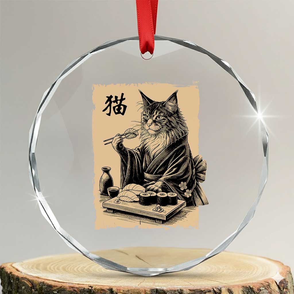 Vintage Japanese Cat Eating Sushi Crystal Glass Ornament Funny Maine Coon Kimono Gift TS12 Transparent Glass 3'' Circle Print Your Wear