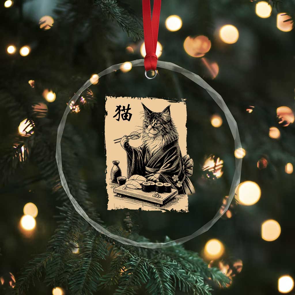 Vintage Japanese Cat Eating Sushi Crystal Glass Ornament Funny Maine Coon Kimono Gift TS12 Print Your Wear