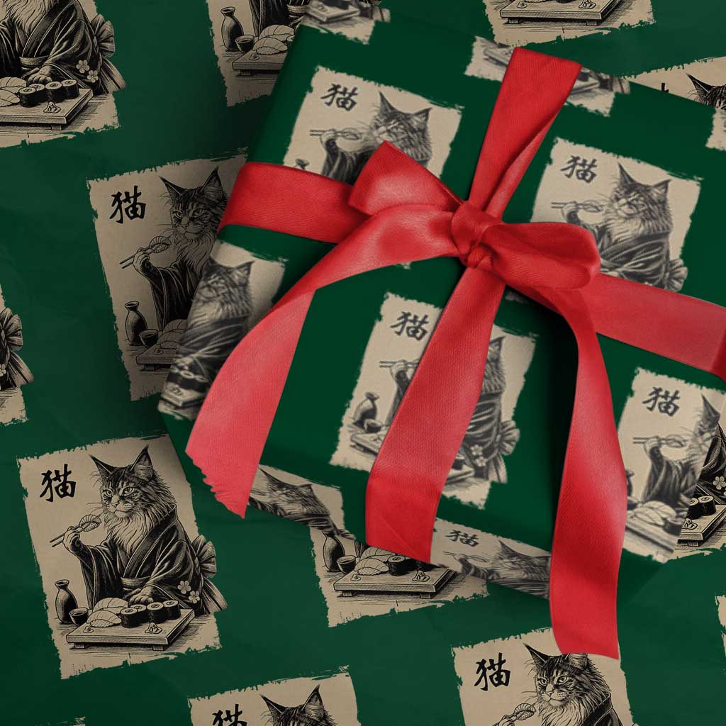 Vintage Japanese Cat Eating Sushi Wrapping Paper Roll Funny Maine Coon Kimono Gift TS12 Green Print Your Wear