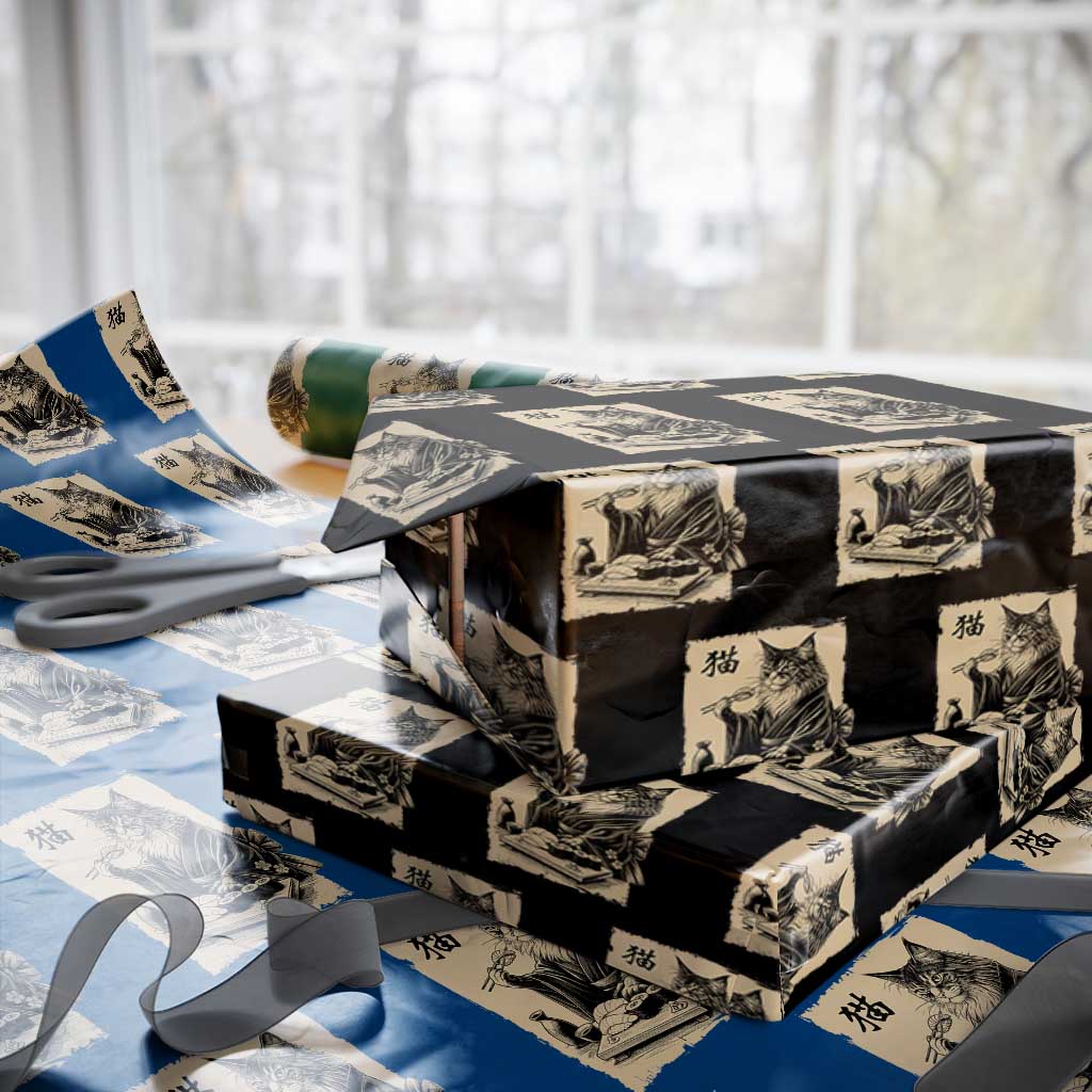 Vintage Japanese Cat Eating Sushi Wrapping Paper Roll Funny Maine Coon Kimono Gift TS12 Black Print Your Wear