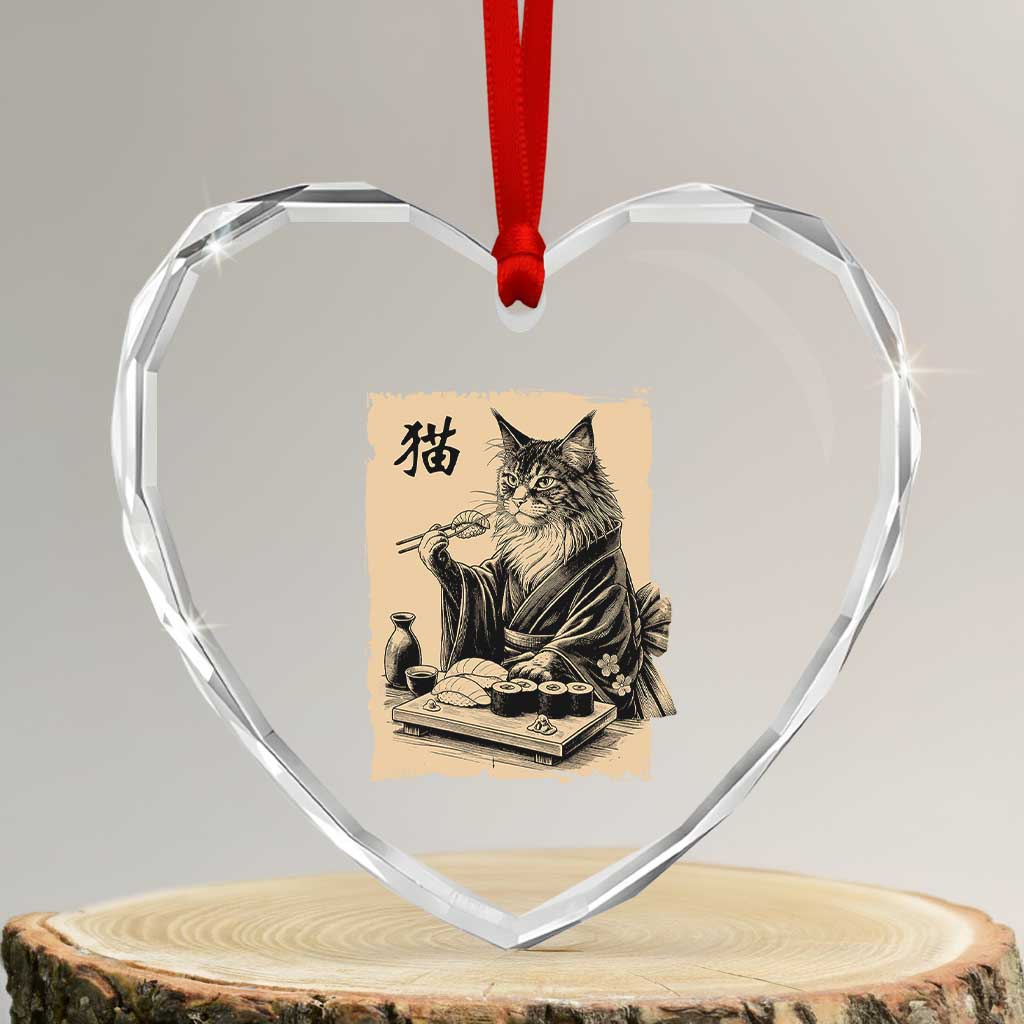 Vintage Japanese Cat Eating Sushi Heart Crystal Glass Ornament Funny Maine Coon Kimono Gift TS12 Transparent Glass 3'' Heart Print Your Wear