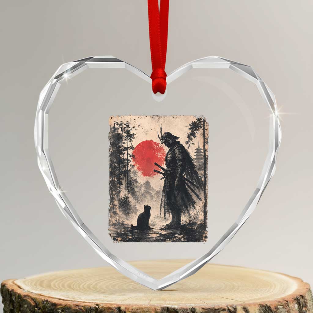 Vintage Japanese Samurai Warrior and Black Cat Heart Crystal Glass Ornament TS10 Transparent Glass 3'' Heart Print Your Wear