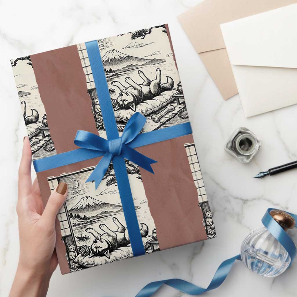 Vintage Japanese Ukiyoe Siberian Husky Wrapping Paper Roll Cute Sleeping Animal Gift TS12 Mocha Print Your Wear