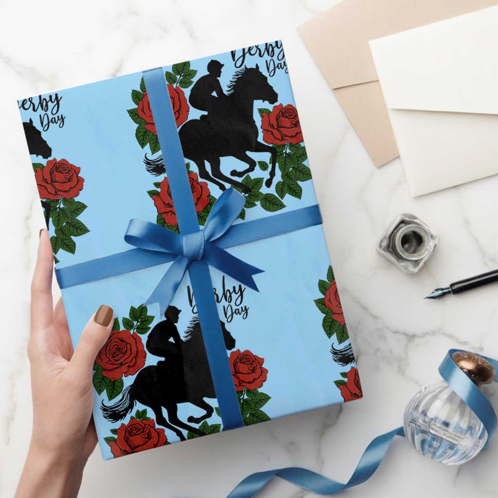 Vintage Jockey and Roses Horse Racing Graphic Wrapping Paper Roll Classic Derby Day Fan TS02 Light Blue Print Your Wear