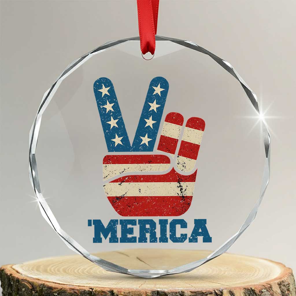 Vintage ‘Merica Peace Sign Crystal Glass Ornament Retro Patriotic 4th of July USA Flag - Print Your Wear