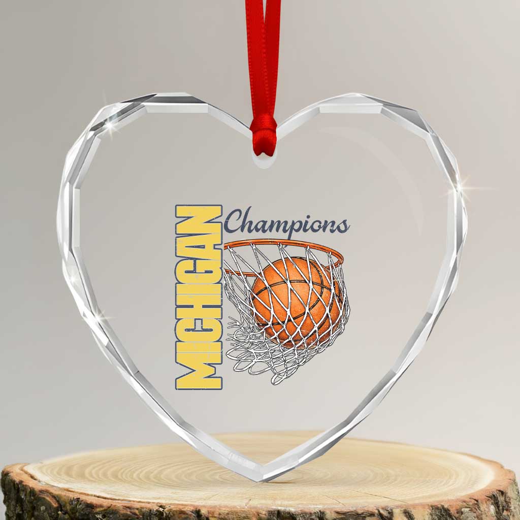 Vintage Michigan Hoops Pride Heart Crystal Glass Ornament Retro Blue And Gold Champions Victory Graphic Sports Fan TS12 Transparent Glass 3'' Heart Print Your Wear