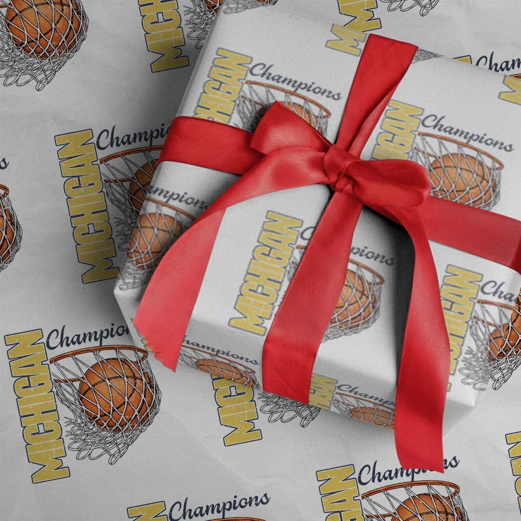 Vintage Michigan Hoops Pride Wrapping Paper Roll Retro Blue And Gold Champions Victory Graphic Sports Fan TS12 White Print Your Wear