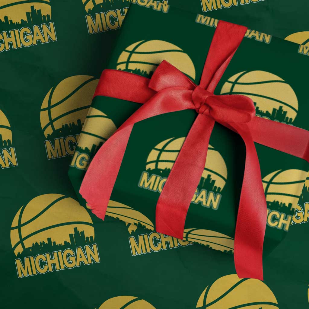 Vintage Michigan Skyline Wrapping Paper Roll Basketball Lover Gift TS12 Green Print Your Wear