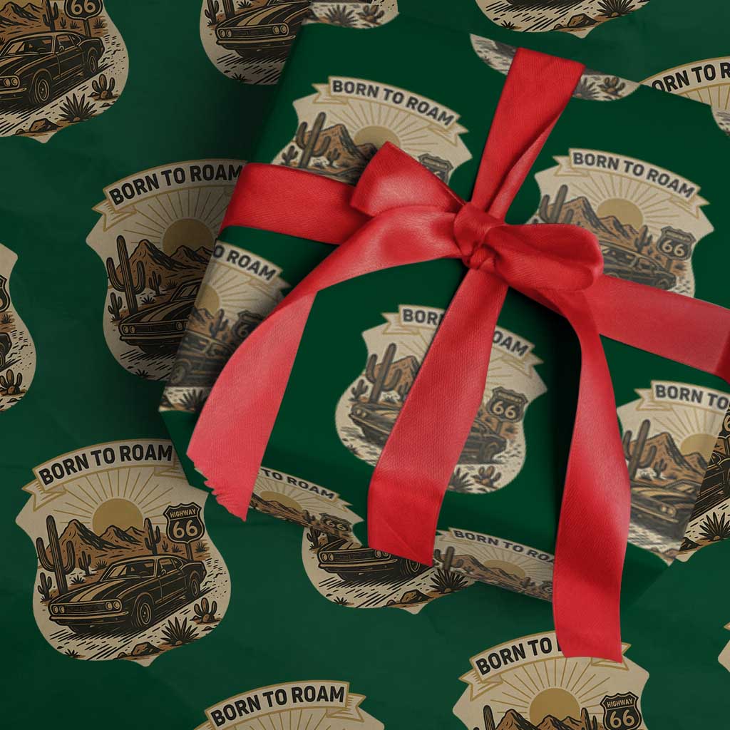 Vintage Muscle Car Route Highway 66 Wrapping Paper Roll Born To Roam Road Trip TS12 Green Print Your Wear