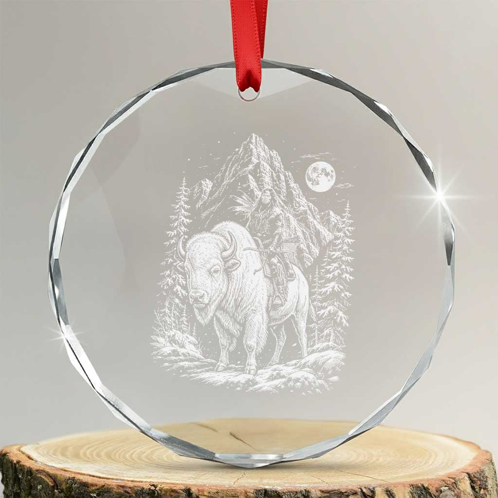 Vintage Native American Bison Rider Crystal Glass Ornament Indigenous Warrior Graphic TS12 Transparent Glass 3'' Circle Print Your Wear