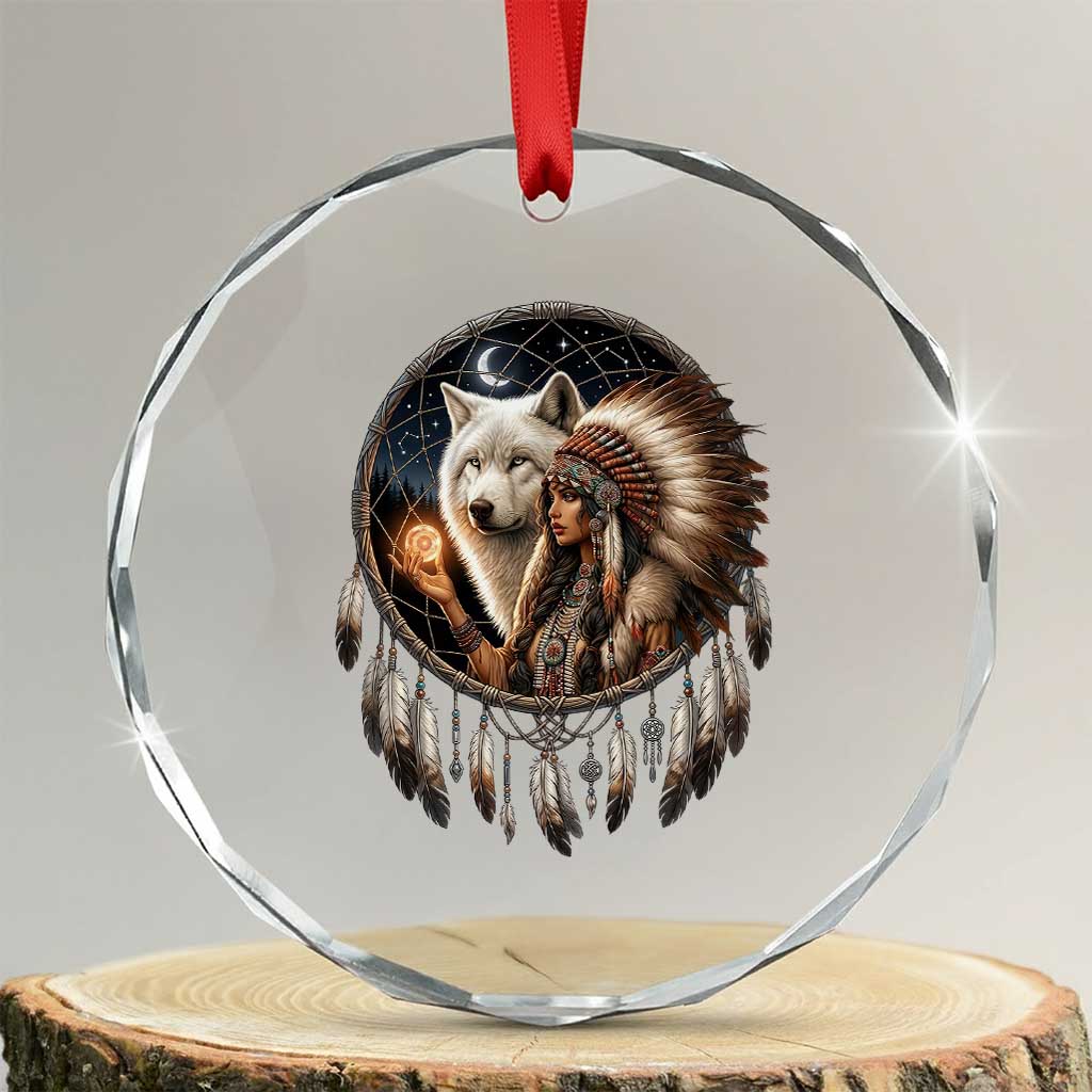 Vintage Native American Woman With White Wolf Graphic Crystal Glass Ornament TS12 Transparent Glass 3'' Circle Print Your Wear