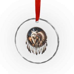 Vintage Native American Woman With White Wolf Graphic Crystal Glass Ornament