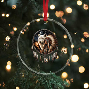 Vintage Native American Woman With White Wolf Graphic Crystal Glass Ornament