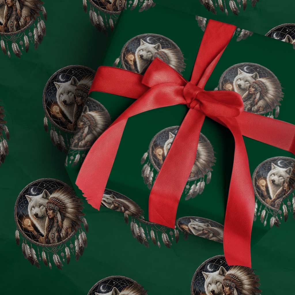 Vintage Native American Woman With White Wolf Graphic Wrapping Paper Roll TS12 Green Print Your Wear