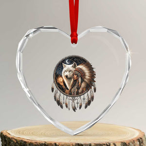 Vintage Native American Woman With White Wolf Graphic Heart Crystal Glass Ornament