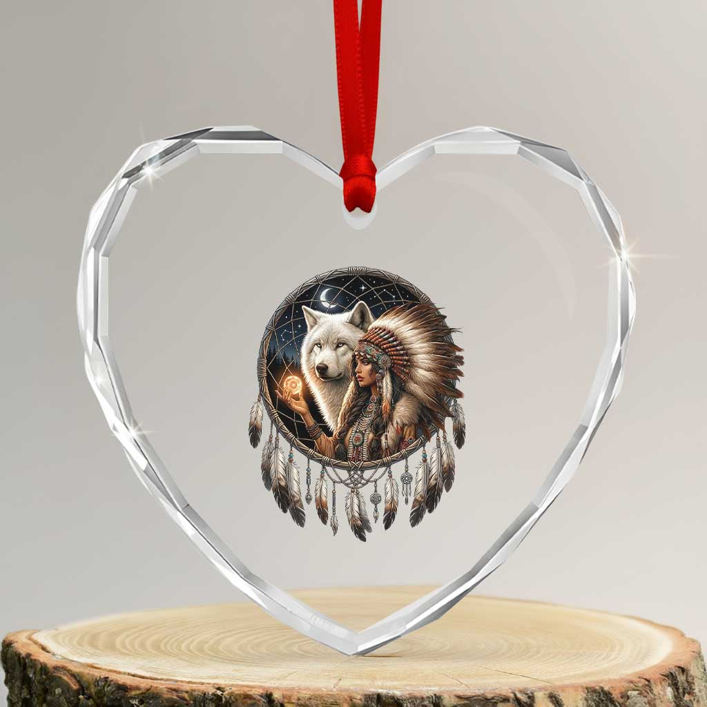 Vintage Native American Woman With White Wolf Graphic Heart Crystal Glass Ornament TS12 Transparent Glass 3'' Heart Print Your Wear
