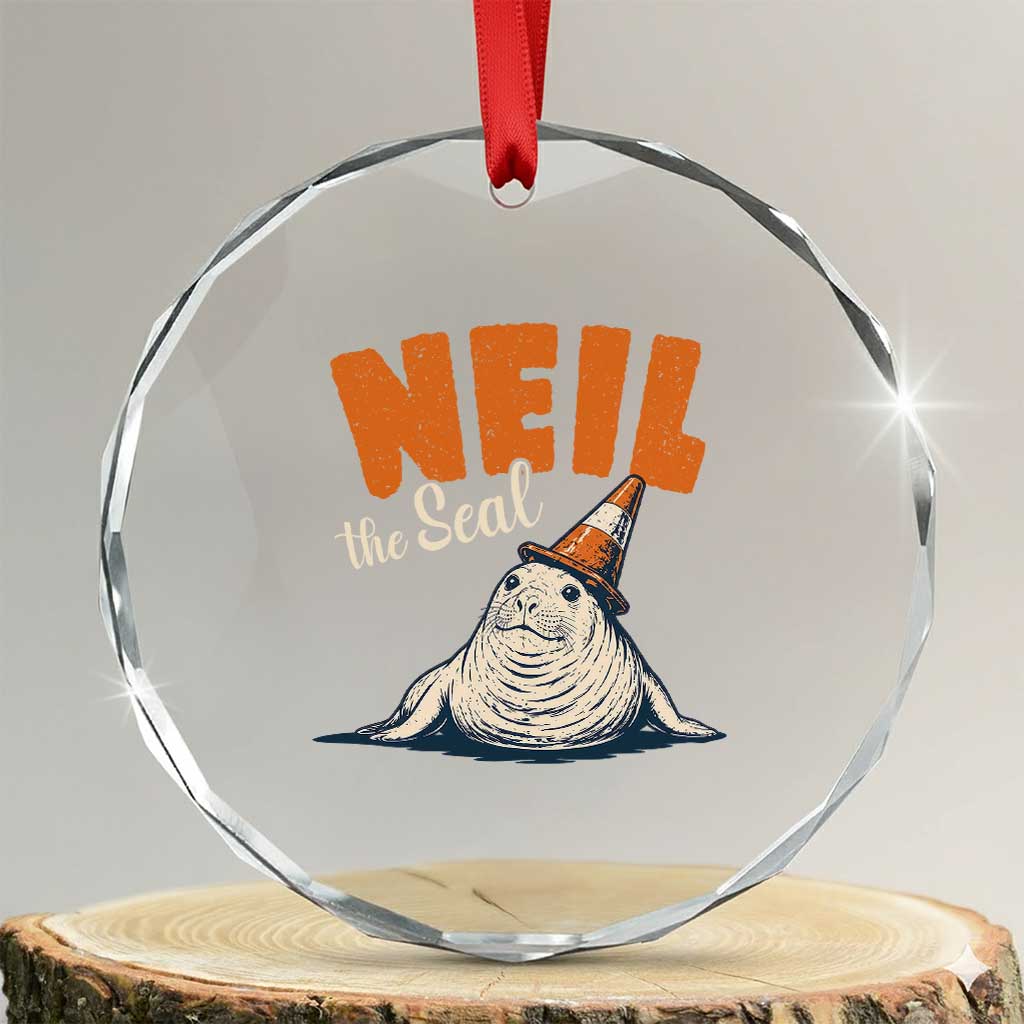 Vintage Neil the Seal Wearing Traffic Cone Hat Meme Crystal Glass Ornament Cute Retro Viral Chaotic Southern Elephant Seal TS02 Transparent Glass 3'' Circle Print Your Wear