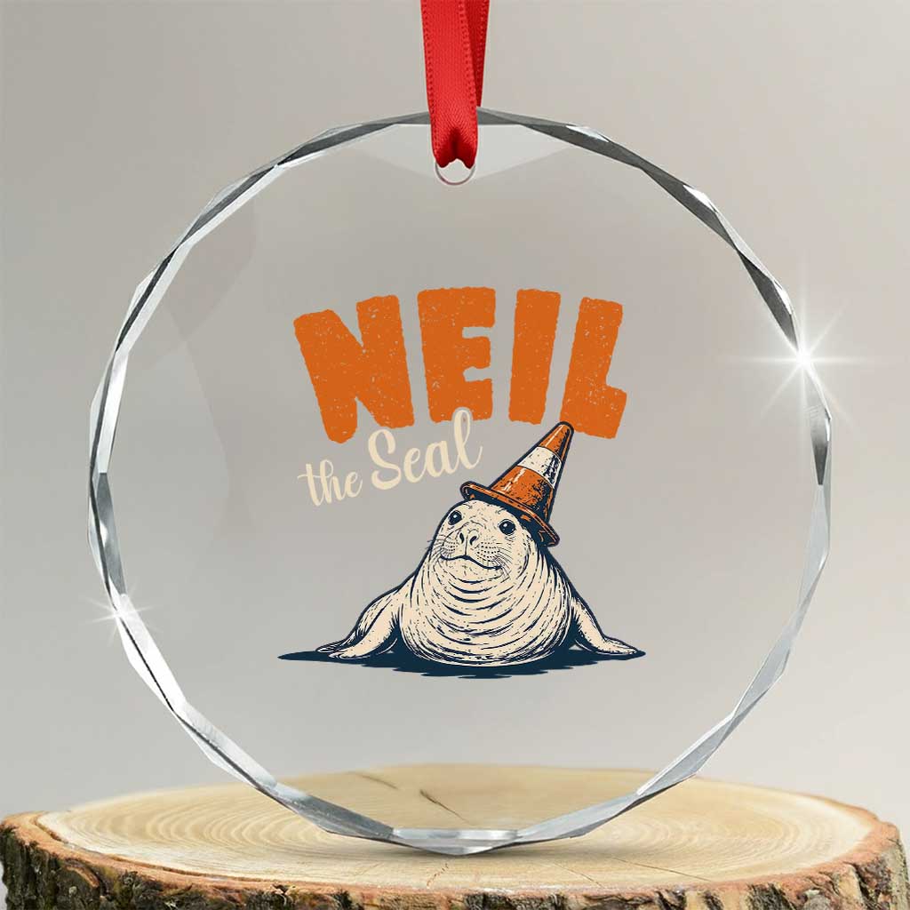 Vintage Neil the Seal Wearing Traffic Cone Hat Meme Crystal Glass Ornament Cute Retro Viral Chaotic Southern Elephant Seal TS02 Transparent Glass 3'' Circle Print Your Wear