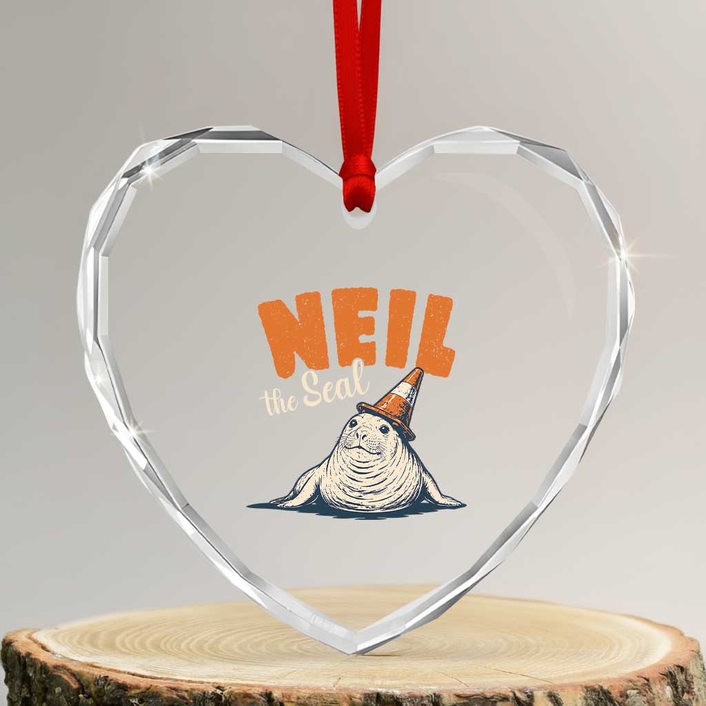 Vintage Neil the Seal Wearing Traffic Cone Hat Meme Heart Crystal Glass Ornament Cute Retro Viral Chaotic Southern Elephant Seal TS02 Transparent Glass 3'' Heart Print Your Wear