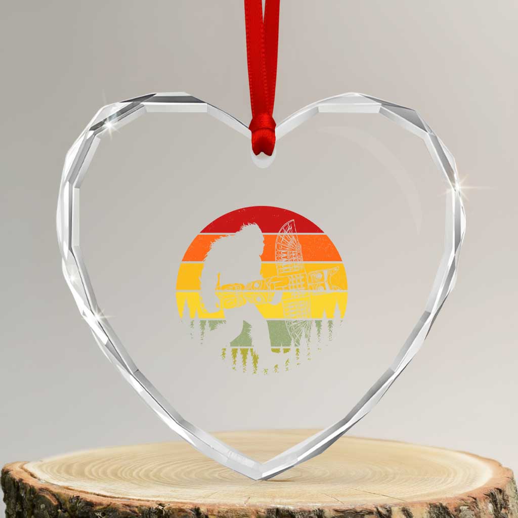 Vintage Pacific Northwest Bigfoot With Totem Pole Heart Crystal Glass Ornament