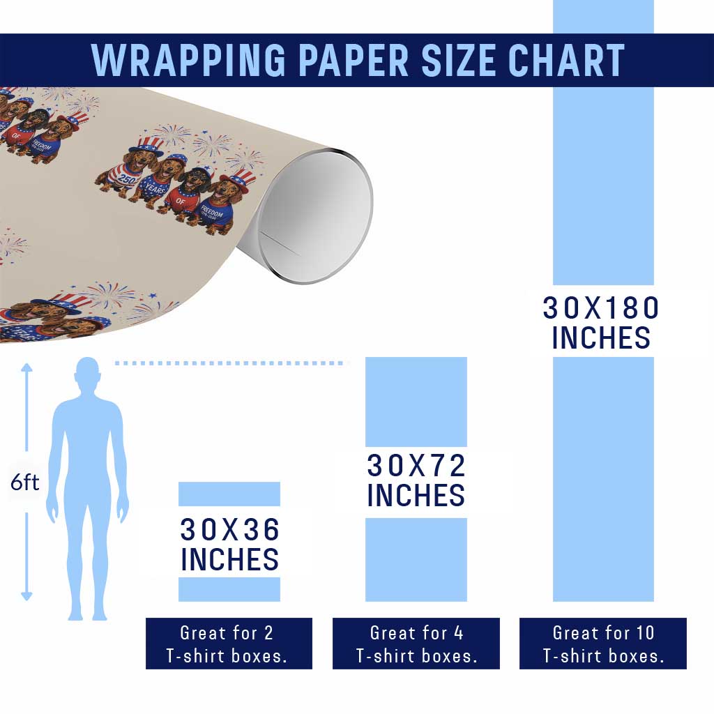Vintage Patriotic Dachshund 250 Anniversary USA Wrapping Paper Roll Freedom 250 Years Weiner Dog Lovers Dad Mom