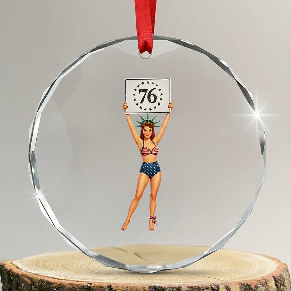 Vintage Patriotic Pin Up Girl 1776 Crystal Glass Ornament Statue of Liberty Retro Americana Graphic TS02 Transparent Glass 3'' Circle Print Your Wear