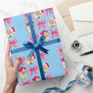 Vintage Pink Christmas Coquette Bow Wrapping Paper Roll Santa Claus Festive Xmas Vibe TS02 Light Blue Print Your Wear