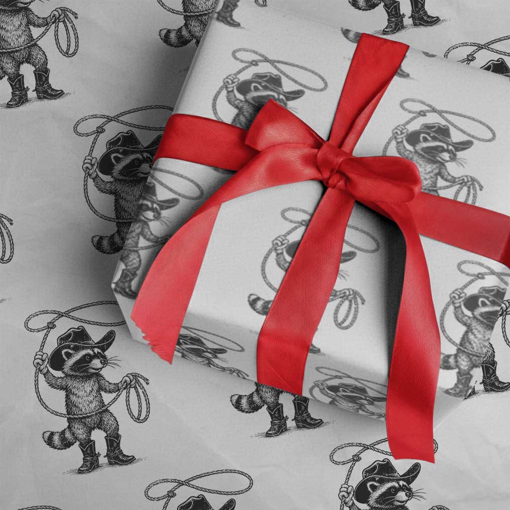Vintage Raccoon Cowboy Wrapping Paper Roll Cowgirl Trash Panda Western Country Meme TS10 White Print Your Wear