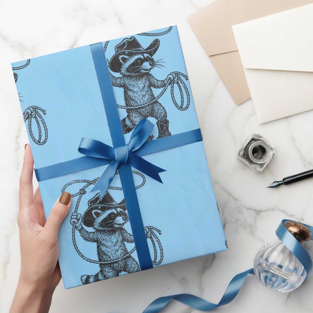 Vintage Raccoon Cowboy Wrapping Paper Roll Cowgirl Trash Panda Western Country Meme TS10 Light Blue Print Your Wear