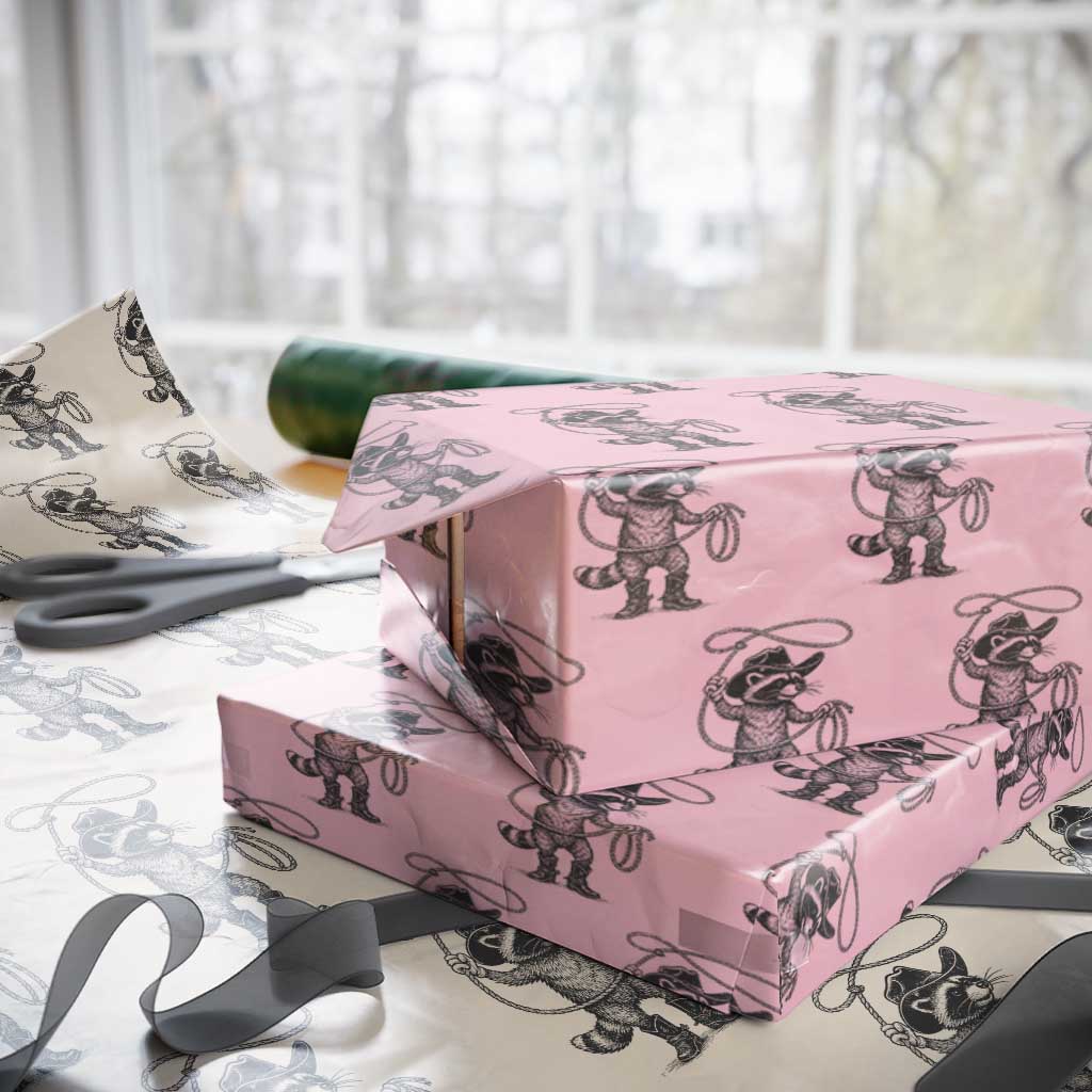 Vintage Raccoon Cowboy Wrapping Paper Roll Cowgirl Trash Panda Western Country Meme TS10 Light Pink Print Your Wear