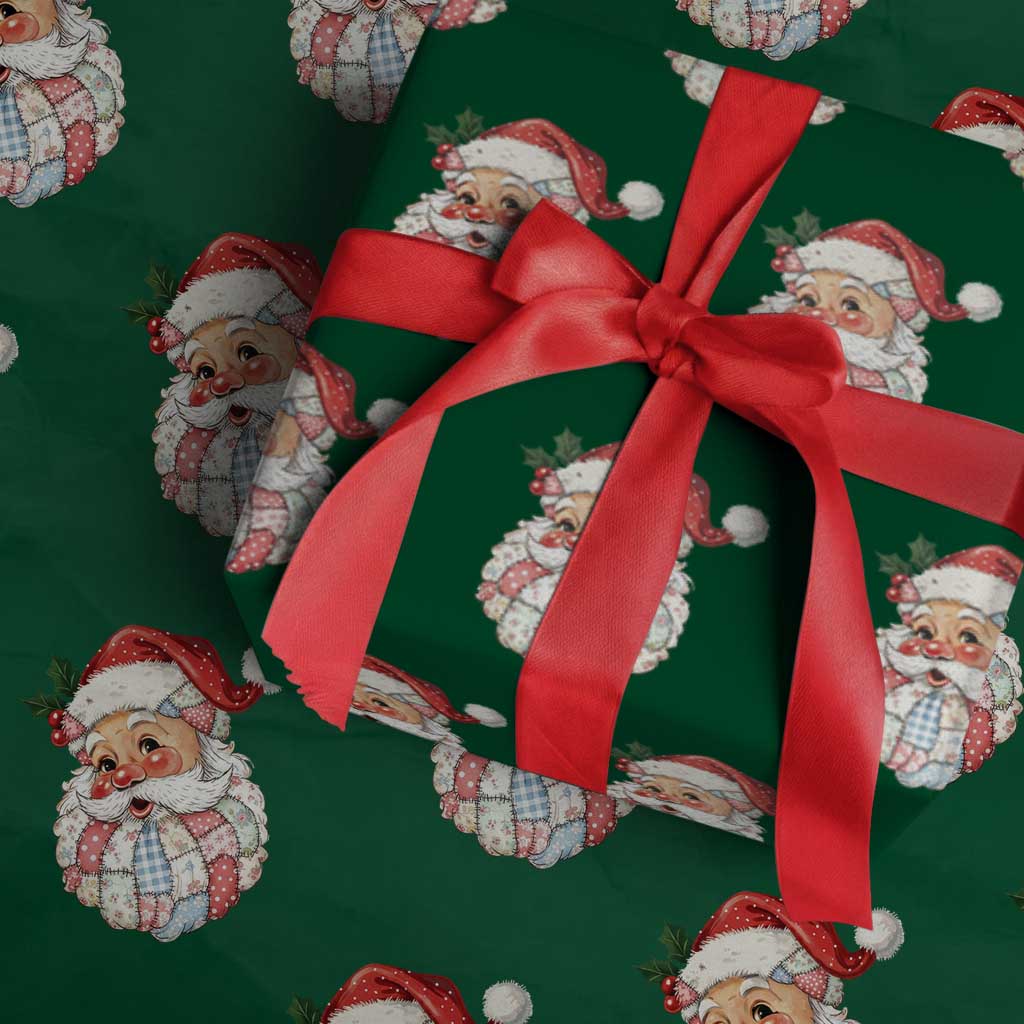 Vintage Retro Patchwork Santa Xmas Wrapping Paper Roll Merry Xmas Holiday TS11 Green Print Your Wear