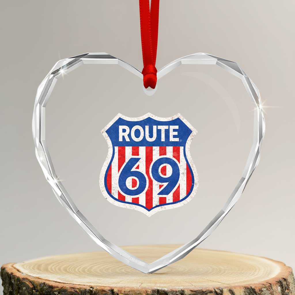 Vintage Route 69 Highway Road Trip Sign Distressed American Flag Heart Crystal Glass Ornament TS11 Transparent Glass 3'' Heart Print Your Wear