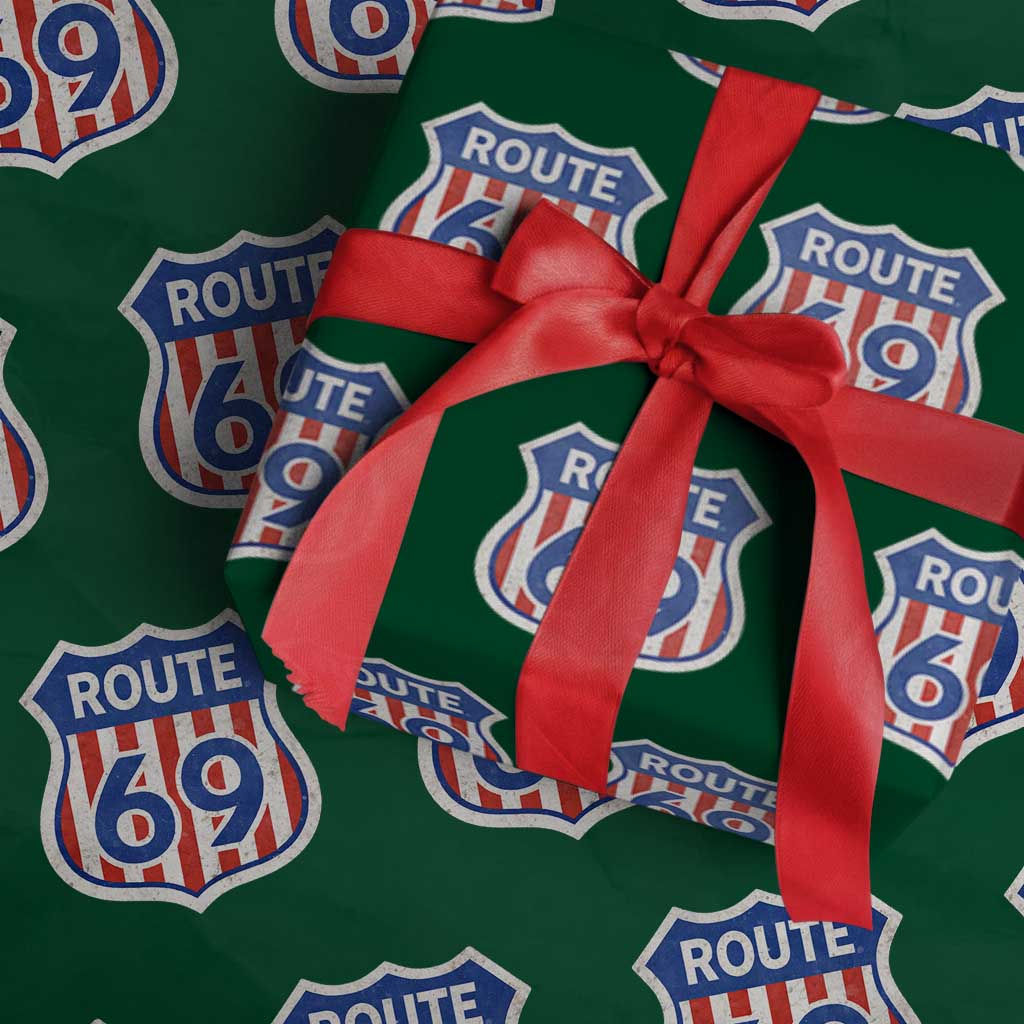 Vintage Route 69 Highway Road Trip Sign Distressed American Flag Wrapping Paper Roll TS11 Green Print Your Wear