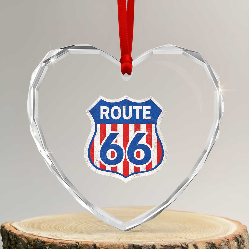 Vintage Route Highway 66 Historical Sign Distressed American Flag Road Trip Heart Crystal Glass Ornament TS11 Transparent Glass 3'' Heart Print Your Wear