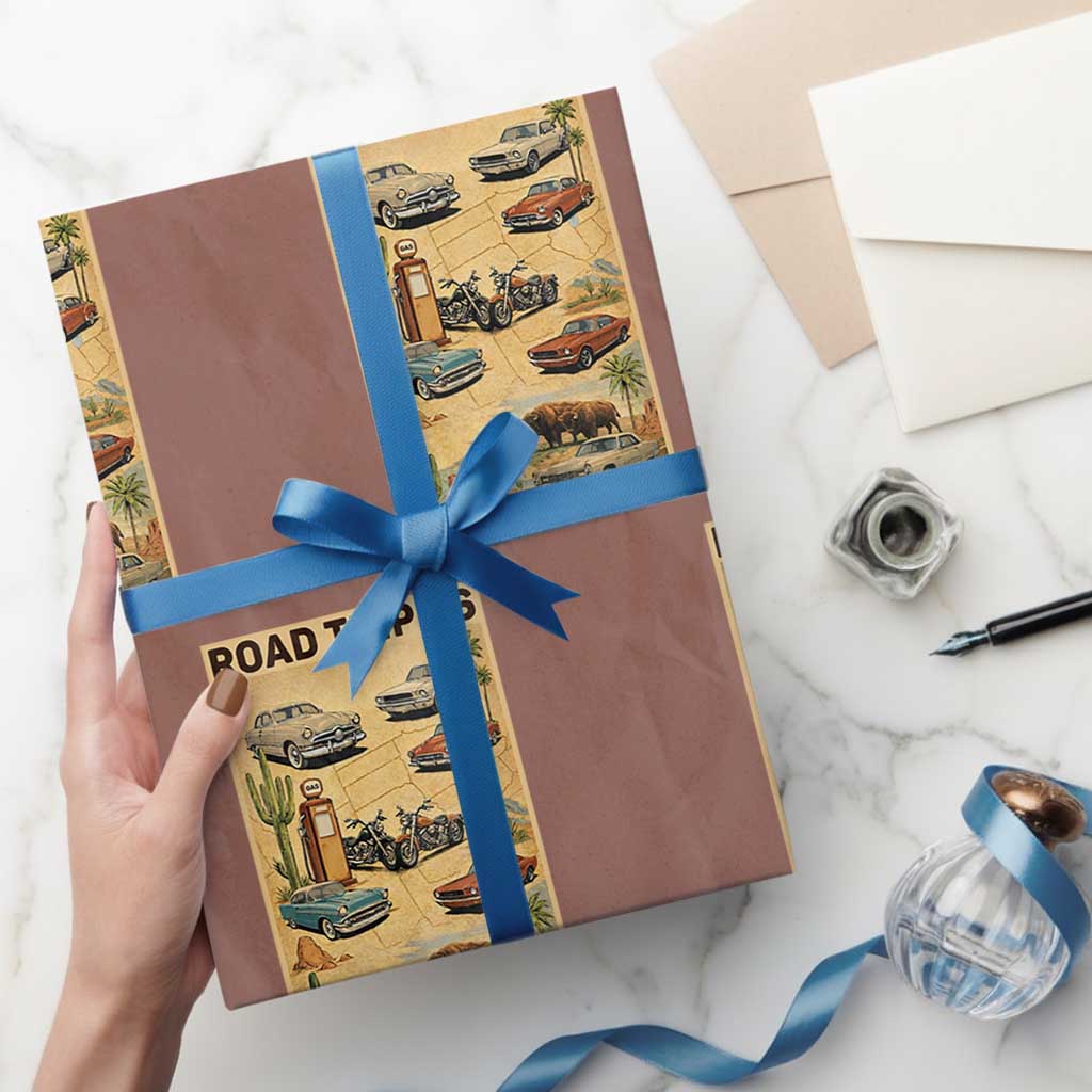 Vintage Route Highway 66 Road Trip Poster Wrapping Paper Roll Open Road Adventure TS12 Mocha Print Your Wear