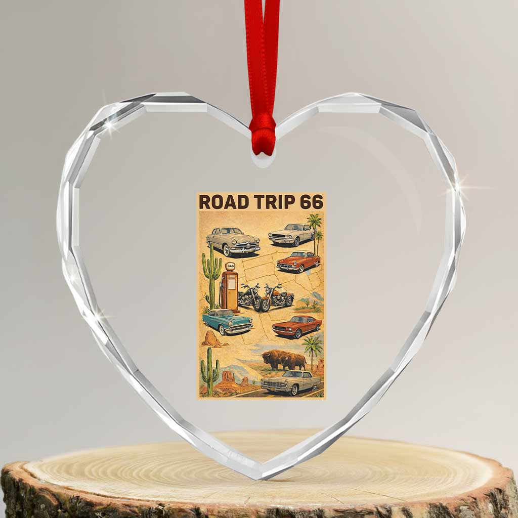 Vintage Route Highway 66 Road Trip Poster Heart Crystal Glass Ornament Open Road Adventure TS12 Transparent Glass 3'' Heart Print Your Wear