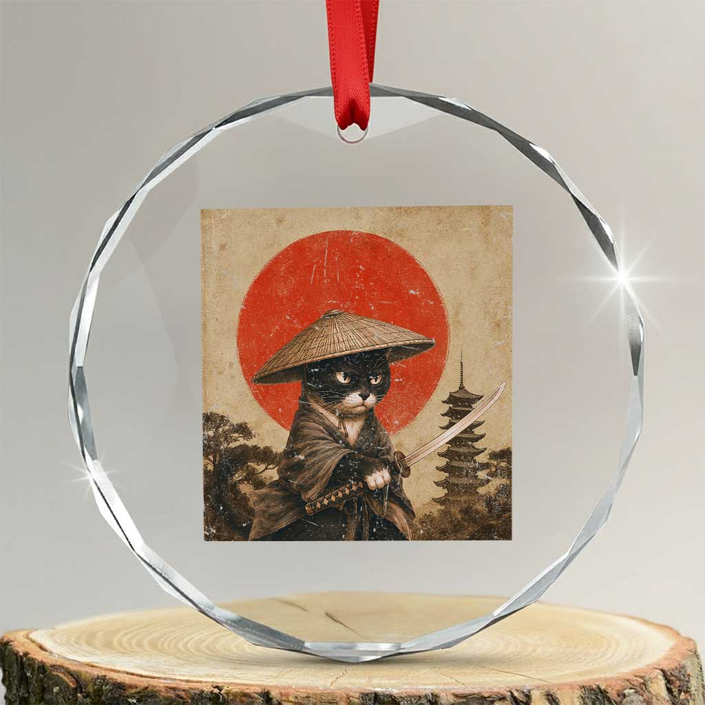 Vintage Samurai Black Cat Japanese Katana Crystal Glass Ornament Ukiyoe Cat Lover Gift TS12 Transparent Glass 3'' Circle Print Your Wear